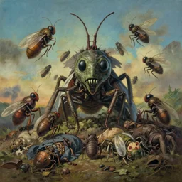 centred painting of a swarm of biological insectoid plague on dead bodies, octane rendering, trending on artstation, studio ghibli, michael whealan and james gurney