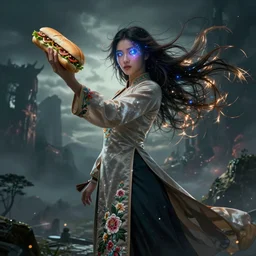 beautiful cinematic fantasy poster, a beautiful vietnamese goddess warrior wearing a long flowy ao yai with enbroidered flowers with flowing illuminated hair throwing a banh mi towards camera, beautiful glowing galaxy eyes, wideshot ultrawide angle epic scale, hybrid from The Elden Ring and art direction by Darius Zawadzki ;by artgerm; wayne reynolds art station; cinematic quality character render; low angle; ultra high quality model; production quality cinema model;