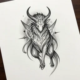 mystical creature art, tattoo style, on white paper