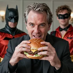 “Arnold as mr freeze eating a frozen hamburger raw, Joel schumachers Batman and Robin, kitsch, grotesque, hyperreal, 8k trending on artstation concept art portrait”