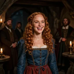 young, freckled, curly haired, redhead natalie portman as a optimistic!, cheerful, giddy medieval innkeeper in a dark medieval inn. dark shadows, colorful, candle light, law contrasts, fantasy concept art by jakub rozalski, jan matejko, and j. dickenson