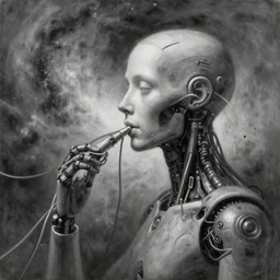a surrealistic portrait of a cyborg being fed by numerous wires and cables to the galaxy, the birth of the singularity, impasto, airbrushed, smoky swirls, monochromatic, hyperrealism, paint splashes, shadows, rule of thirds, detailed oil on wood painting by jan van eyck and greg rutkowski