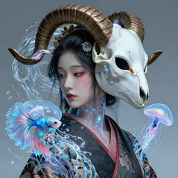 3 d goddess close - up profile portrait with ram skull. beautiful intricately detailed japanese crow jellyfish phoenix, bio luminescent, plasma kitsune mask and clasical japanese kimono. betta fish, jellyfish phoenix, bio luminescent, plasma, ice, water, wind, creature, artwork by tooth wu and wlop and beeple and greg rutkowski
