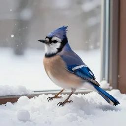 the smallest most cutest most adorable little bluejay ever known or seen playing in a pile of snow during winter outside the window and trending on art station, stylized painting, high resolution, real life, photograph, photorealistic