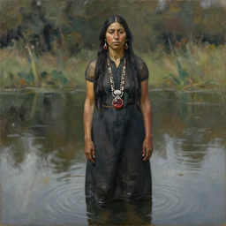 indigenous woman standing in a pond, painted by lucian freud, hd, super detailed, realistic, muted colors