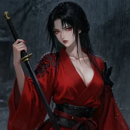 beautiful seductive female samurai, in the rain, highly detailed, painting, dark red and black color palette, intricate, high quality, anime artstyle, in the style of sana takeda