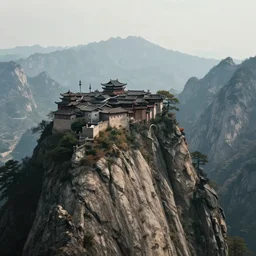 a monastery on the top of a rough, steep mountain with great view on other mountains, epic, no trees, no foliage, realistic light, epic, fantasy, digital art