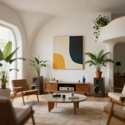 tilt shift focus, miniature 1 9 5 0 s interior design by gaudi, organic, zaha hadid, dali, wes anderson, house plants, hi - fi stereo with speakers, modern furniture, bold modern art, mid century, minimal, parametric