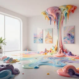 a modern indoor room made from insane detailed colorfull melting wax, clean architecture, pictures in the wall, pastel colored, intricate detailed 3 d render, hyper realistic intricate acrilic fluid art, intense colors, wide shot, octane render, concept art, daylight, peaceful, 8 k