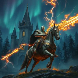 knight, armor lightnings elemental hyperrealism, cavalry wielding a greatsword of fire with electricity element, standing in frontal of a castle, castle realistic, big forest world fantasy hyperrealism, sky northern lights, hyperrealism by greg rutkowski