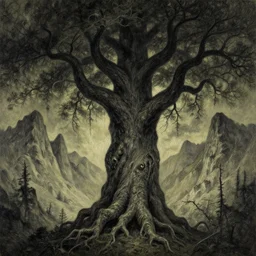 close up portrait of a monster tree in the scary mountains of hell, oil painting by tomasz jedruszek and alphonse mucha, cinematic lighting, pen and ink, intricate line, hd, 4 k, million of likes, trending on artstation