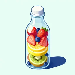 ( ( dither ) ), editorial illustration strawberries blueberries sliced kiwi sliced lemon layered inside a clear drinking bottle portrait, isometric, modern art deco, ( ( mads berg ) ), christopher balaskas, victo ngai, rich grainy texture, detailed, dynamic composition, wide angle, matte print, art nouveau, unreal engine