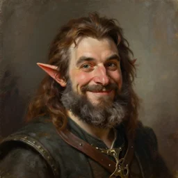 beautiful portrait painting of a very short and small male halfing bard with brown hair with some grey hairs, full beard, ridiculous smile, from pathfinder, evil smirk, narcissist, self centered, painted by larry elmore, wayne reynolds, greg rutkowski, magic the gathering, dungeons and dragons, dishonored 2