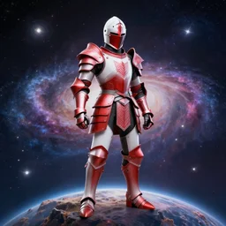 knight with red and white themed armor standing on a planet with a galaxy in the background