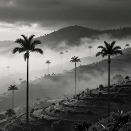 landscape of quindio with a lot of mist and wax palms, minimal digital art, flcl style, minimalist, japanese art, emo goth phone wallpaper
