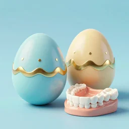 high quality octane render of Easter eggs, pastel colors, golden and onyx accents, a set of buck teeth dentures sitting next to the eggs, 3d blender, corona render, digital art