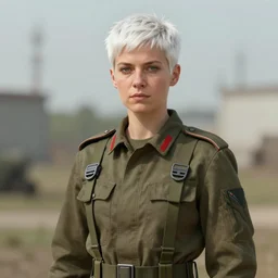 portrait of a military engineer woman wearing overalls, with short white hair, pixie haircut, medium shot, portrait, concept art, natural lighting, illustration, full color, highly detailed, photorealistic, by greg rutkowski, artstation,