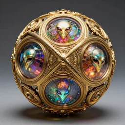 a beautiful and intricately detailed sphere containing 4 d hyperbolic sacred geometry made of gold and tusk, carved by aliens, colorful, glowing, 8 k