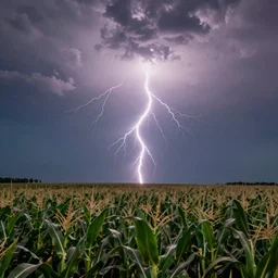 lightning storm above a corn field viewed from the distance