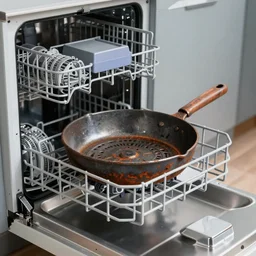 professional photo of the inside of a dishwasher that is open, its contents are one iron frying pan!!!!! in the dishwasher (((racks))), the frying pan is rusty!, highly detailed, high quality, HD, 4k, 8k, Canon 300mm, professional photographer, 40mp, lifelike, top-rated, award winning, realistic, sharp, no blur, edited, corrected, trending