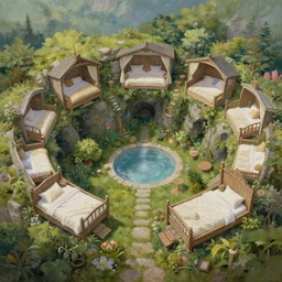 painting of a series of a ring of bedrooms carved high up inside a mountain, lush garden with hot spring between, cozy bed, well maintained, clean, medieval, fantasy genre, natural light, fantasy, natural light, sharp focus, concept art, by greg rutkowski and craig mullins, cozy atmospheric and cinematic lighting, trending on artstation