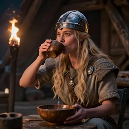 epic portrait cinematic shot an female viking in short sleeved robe drinking water in a wooden bowl inside a house, cabin backround, torch, flowing blonde hair, snowy helmet, fine details. night setting. realistic shaded lighting poster by craig mullism, artgerm, jeremy lipkin and michael garmash, unreal engine, radiant light, detailed and intricate environment, digital art, trending on art station,