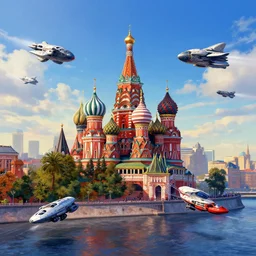 multicolor photo of moscow with flying spaceships, artstation concept art, aivazovsky style, created at future in 4 k ultra high resolution and with ultra wide angle, with inspiring feeling