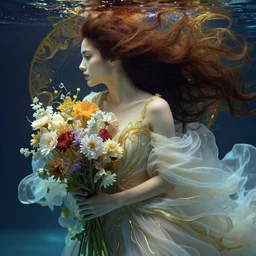closeup portrait of a beautiful mysterious woman wearing flowing gown, holding a bouquet of flowers, hands disappeared under the bouquet, flowing hair, underwater, profile view, fantasy, regal, intricate, by stanley artgerm lau, greg rutkowski, thomas kinkade, alphonse mucha, loish, norman rockwell