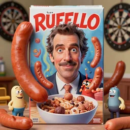hyperrealistic mark ruffalo on a cereal box with a trippy surrealist mark ruffalo portrait with big fat sausages and dart boards by aardman animation and Kotobukiya
