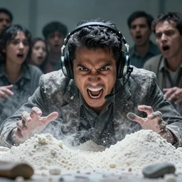 tony khan wearing a headset, yelling furiously, surrounded by piles of white powder, scolding, background filled with frightened people, intense, hyper detailed, artstation, flashing lights, hyper anger, intricate detail, concept art, 8 k