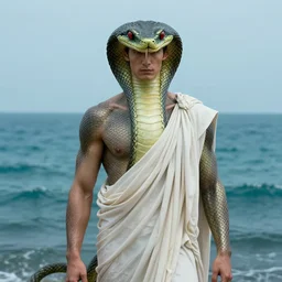 full body portrait of ian bohen as a snake god. dressed! toga. ocean background. detailed face, concept art, intricate, highly detailed 8 k, smooth, sharp focus, handsome and aesthetic shape of face and body, artgerm, artstation, art by zexi guo and nira and junpei suzuki and gharliera and rinotuna
