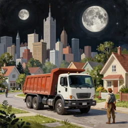 classic oil painting, a dump truck driving through a populated moon city with black sky, as a dnd character, on a sunny populated suburban street, cottagecore, highly detailed, digital illustration, concept art, smooth, sharp focus, art by greg hildebrandt, and tim hildebrandt