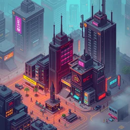 pixelart illustration of an isometric cyberpunk city
