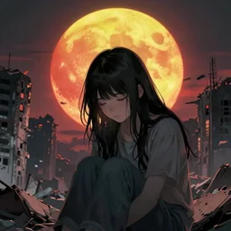 A beautiful picture of a suicidal girl against the background of ruins of a destroyed city and a yellow -red moon, artstation, extremely detailed, stunning volumetric lighting, atmosphere, hyper realism, fantasy 4k