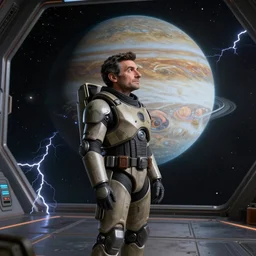 a highly detailed matte portrait mister bean as the master chief standing in a space station and looking at jupiter, sci fi and fantasy, viewed in profile from far away, crackling black lightning, ultrawide lens, art by artgerm and greg rutkowski and alphonse mucha, volumetric lighting, octane render, 4 k resolution, trending on artstation, masterpiece