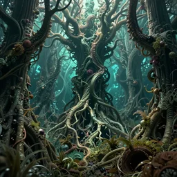 underwater forrest. Intricate. Very detailed 8k. Fantasy horror. Sharp. Cinematic post-processing. Unreal engine. Nanite. Ray tracing. Parallax. Tessellation