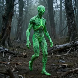 radioactive mutants, green fluo veins, walking, a dead forest in the background