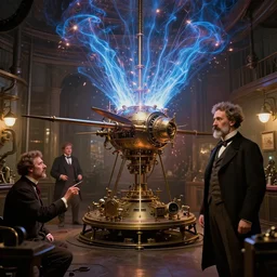 nikola tesla from the prestige film testing his antigravity machine in his laboratory ( ( steampunk ) ) octane renderer 8 k sparsely lit art by artgerm and greg rutkowski and alphonse mucha, plasma rays, sparks, victorian age