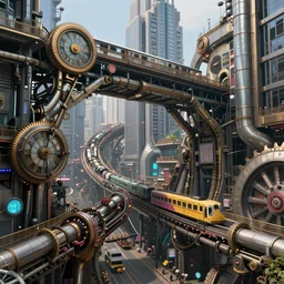 photograph of a highly detailed cyberpunk city with clockwork mechanical bridges, pistons that move platforms, 8k, realistic