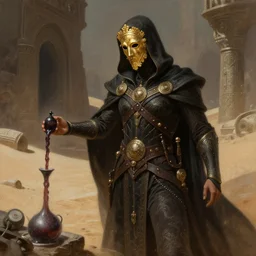 breathtaking detailed soft painting of a an intricate old assassin, with gren poison flowing in a desert crypt, golden saint mask, elegant, highly detailed, artstation, concept art, matte, sharp focus, art by tom bagshaw, and greg rutkowski