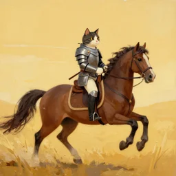 a wide shot of a cat wearing an armor, riding on a prancing horse, golden hour, illustration, oil panting, matte
