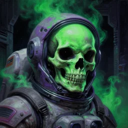 a close - up view portrait of a lone space traveler, brutalist halls with green alien fog, close - up view, detailed textures. glowing green purple fog, dark black background. murder poison skull face, highly detailed fantasy science fiction painting by moebius, norman rockwell, frank frazetta, and syd mead. rich colors, high contrast