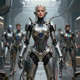 wide - angle shot of cybertronic armored girl, cables and tubes, depth of field, zeiss lens, detailed, symmetrical, centered, fashion photoshoot, by nicoletta ceccoli, mark ryden, lostfish, earl nore, hyung tae, frank frazetta, breathtaking, 8 k resolution, extremely detailed, beautiful, establishing shot, artistic, hyperrealistic, octane render