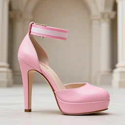 pink leather 1 5 cm high heel shoes with 7 cm platform with ribbon to the ankle stripe, photorealistic, beautiful, architecture, clean, highly detailed, 8 k, ornate detail