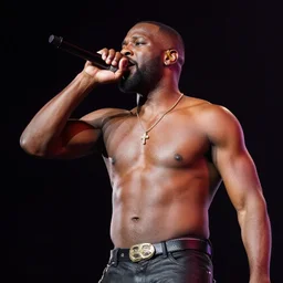 a photograph of shirtless mcride rapping on stage