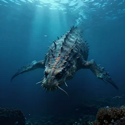 sea monster in the deep dark sea, thalassophobia, realistic, highly detailed