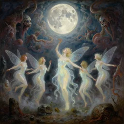 concept art of translucent glowing fairies dancing, lovecraftian, renaissance, melting, round moon, rich clouds, fighting the horrors of the unknown, moon rocksvery detailed, volumetric light, mist, fine art, decaying, textured oil over canvas, epic fantasy art, very colorful, ornate intricate scales