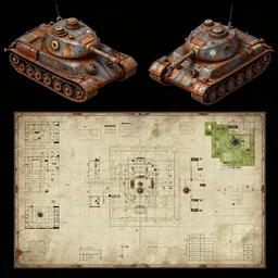 2 d axonometric overhead view, bird's eye view!!!, digital painted rusted dieselpunk tank virtual tabletop asset sheet, floor plan view, roll 2 0, 2 - minute tabletop, battle map prop, black background, unity asset store, by greg rutkowski, trending on artstation