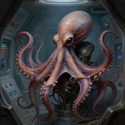 close portrait of a creepy scary octopus alien in space ship quarters, 1 9 8 0 s, diffuse lighting, fantasy, intricate, elegant, highly detailed, lifelike, digital painting, cinestill 8 0 0 t 2 0 0 mm, concept art, frank frazetta, marco bucci, loish, rossdraws, artgerm