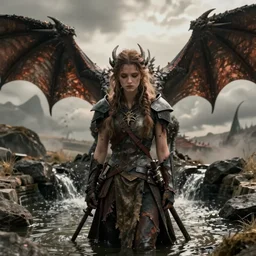 detailed ultrarealistic photography front medium shot of dragonslayer postapocalyptic sadie sink, fantasy, cinematic, game of thrones, lord of the rings